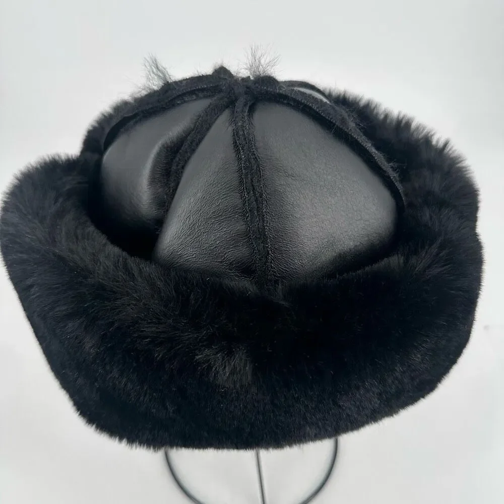 Zara Faux Leather & Fur Winter Hat Small Black Mob Wives‎ Goth Luxury Old Money